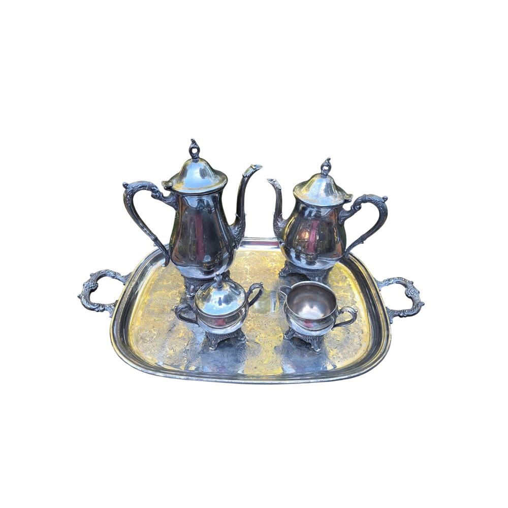 Vintage Silver Plated Tea & Coffee Service Set & Large Serving Tray 5 Pc
